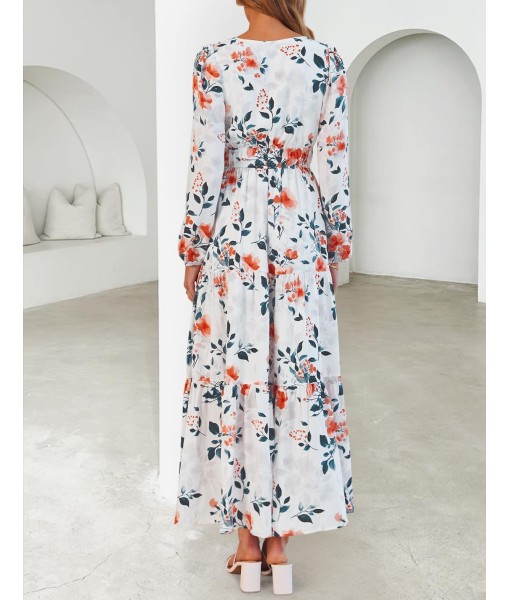 ZESICA Women's 2025 Fall Long Sleeve Maxi Dress Floral Print V Neck Empire Waist A Line Tiered Flowy Boho Party Dresses