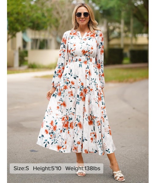 ZESICA Women's 2025 Fall Long Sleeve Maxi Dress Floral Print V Neck Empire Waist A Line Tiered Flowy Boho Party Dresses
