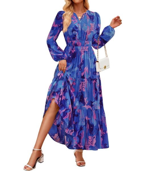 ZESICA Women's 2025 Fall Long Sleeve Maxi Dress Floral Print V Neck Empire Waist A Line Tiered Flowy Boho Party Dresses