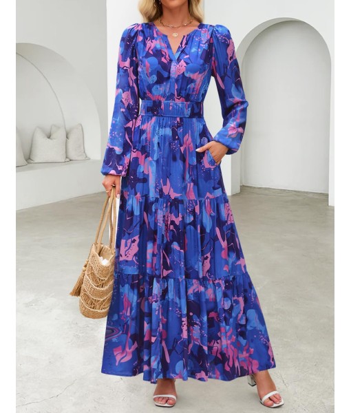ZESICA Women's 2025 Fall Long Sleeve Maxi Dress Floral Print V Neck Empire Waist A Line Tiered Flowy Boho Party Dresses