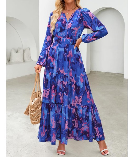 ZESICA Women's 2025 Fall Long Sleeve Maxi Dress Floral Print V Neck Empire Waist A Line Tiered Flowy Boho Party Dresses