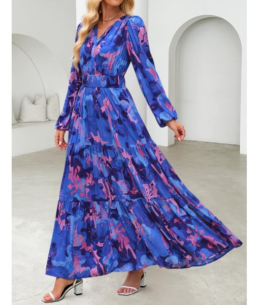 ZESICA Women's 2025 Fall Long Sleeve Maxi Dress Floral Print V Neck Empire Waist A Line Tiered Flowy Boho Party Dresses