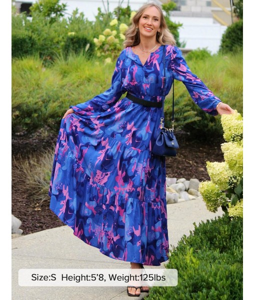 ZESICA Women's 2025 Fall Long Sleeve Maxi Dress Floral Print V Neck Empire Waist A Line Tiered Flowy Boho Party Dresses