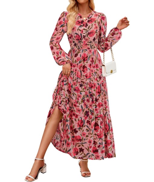 ZESICA Women's 2025 Fall Long Sleeve Maxi Dress Floral Print V Neck Empire Waist A Line Tiered Flowy Boho Party Dresses