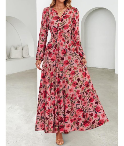 ZESICA Women's 2025 Fall Long Sleeve Maxi Dress Floral Print V Neck Empire Waist A Line Tiered Flowy Boho Party Dresses