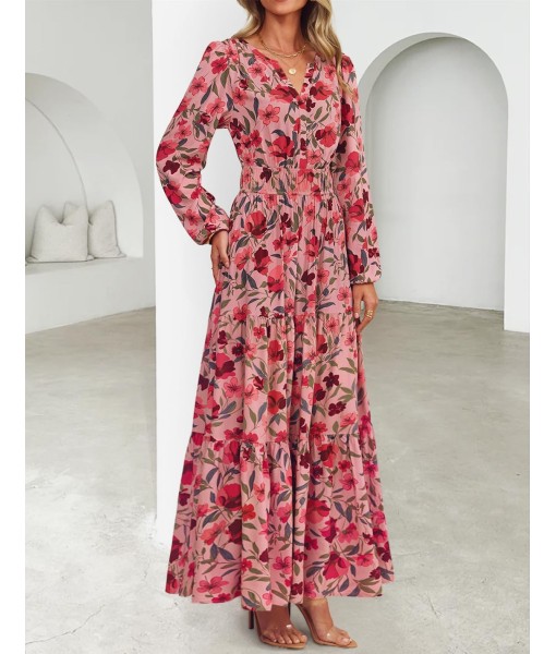 ZESICA Women's 2025 Fall Long Sleeve Maxi Dress Floral Print V Neck Empire Waist A Line Tiered Flowy Boho Party Dresses