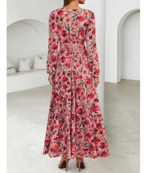 ZESICA Women's 2025 Fall Long Sleeve Maxi Dress Floral Print V Neck Empire Waist A Line Tiered Flowy Boho Party Dresses