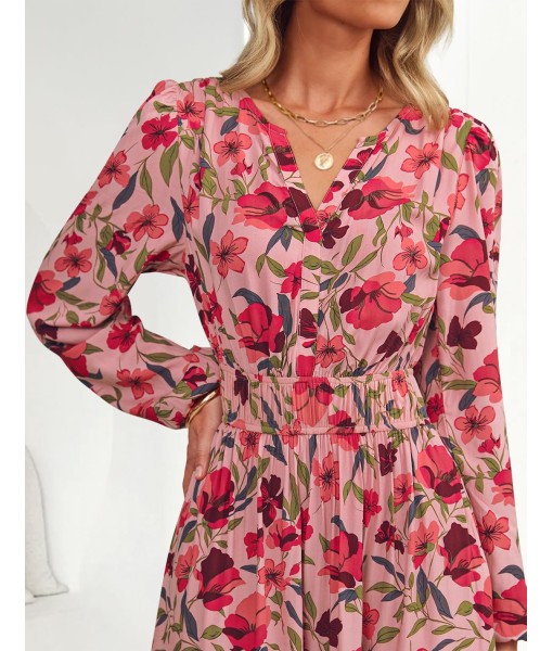 ZESICA Women's 2025 Fall Long Sleeve Maxi Dress Floral Print V Neck Empire Waist A Line Tiered Flowy Boho Party Dresses