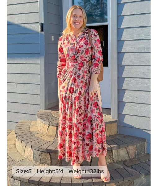 ZESICA Women's 2025 Fall Long Sleeve Maxi Dress Floral Print V Neck Empire Waist A Line Tiered Flowy Boho Party Dresses