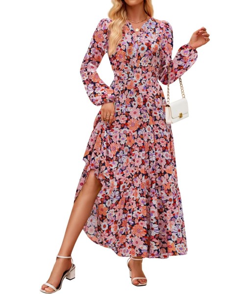 ZESICA Women's 2025 Fall Long Sleeve Maxi Dress Floral Print V Neck Empire Waist A Line Tiered Flowy Boho Party Dresses