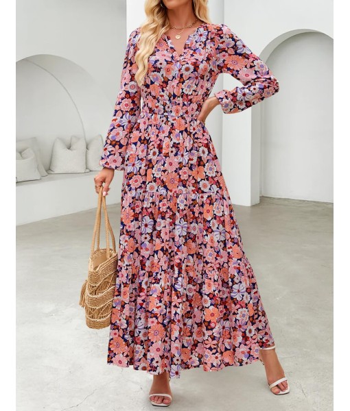 ZESICA Women's 2025 Fall Long Sleeve Maxi Dress Floral Print V Neck Empire Waist A Line Tiered Flowy Boho Party Dresses