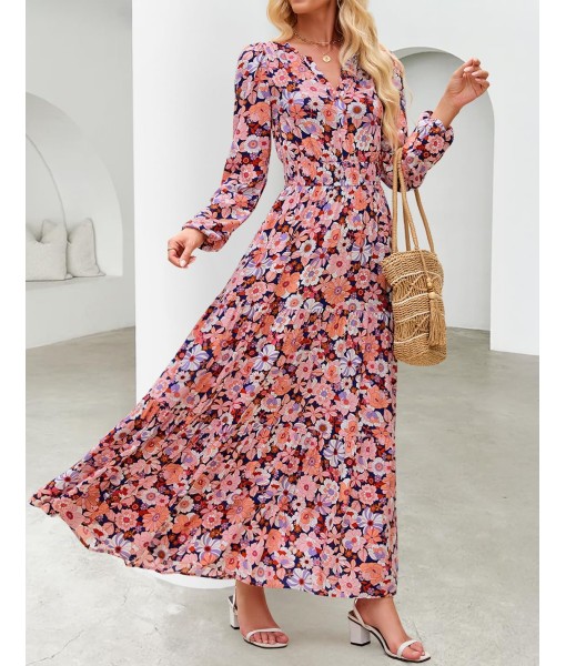 ZESICA Women's 2025 Fall Long Sleeve Maxi Dress Floral Print V Neck Empire Waist A Line Tiered Flowy Boho Party Dresses