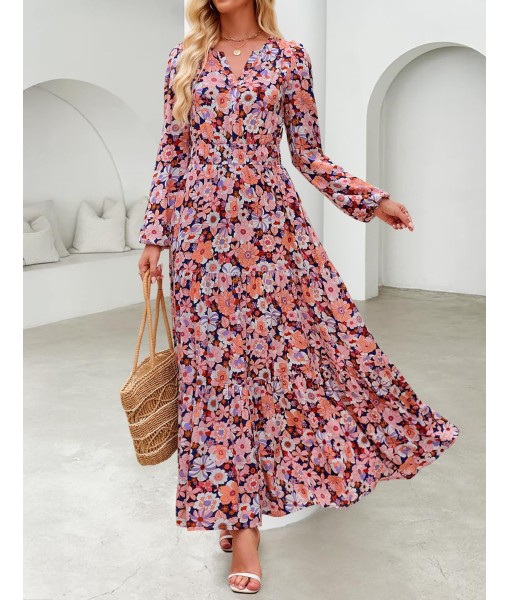 ZESICA Women's 2025 Fall Long Sleeve Maxi Dress Floral Print V Neck Empire Waist A Line Tiered Flowy Boho Party Dresses