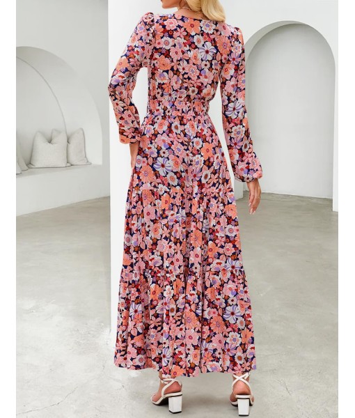 ZESICA Women's 2025 Fall Long Sleeve Maxi Dress Floral Print V Neck Empire Waist A Line Tiered Flowy Boho Party Dresses