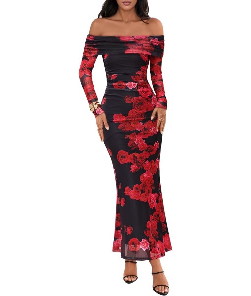 MEROKEETY Women's Fall Off Shoulder Floral Maxi Dresses Formal Long Sleeve Bodycon Cocktail Wedding Guest Dress