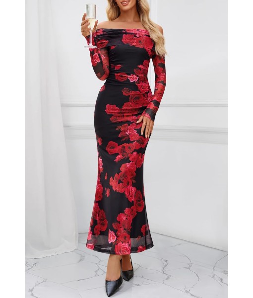 MEROKEETY Women's Fall Off Shoulder Floral Maxi Dresses Formal Long Sleeve Bodycon Cocktail Wedding Guest Dress