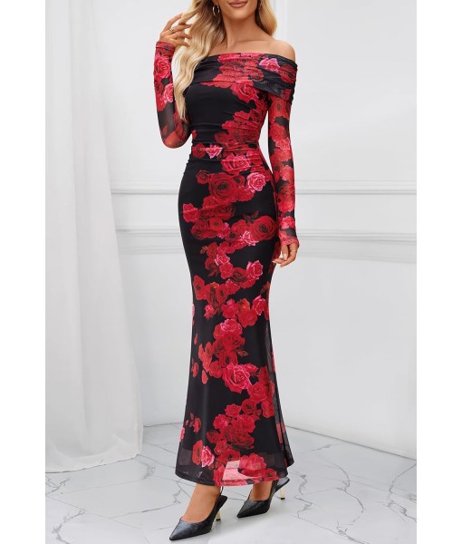 MEROKEETY Women's Fall Off Shoulder Floral Maxi Dresses Formal Long Sleeve Bodycon Cocktail Wedding Guest Dress