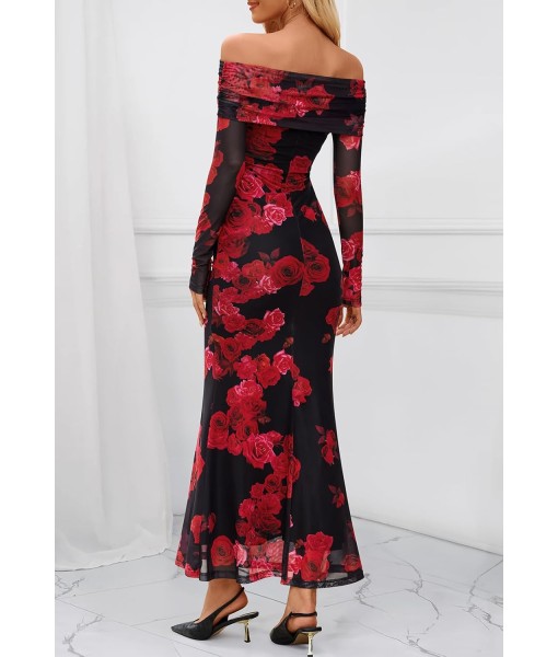 MEROKEETY Women's Fall Off Shoulder Floral Maxi Dresses Formal Long Sleeve Bodycon Cocktail Wedding Guest Dress