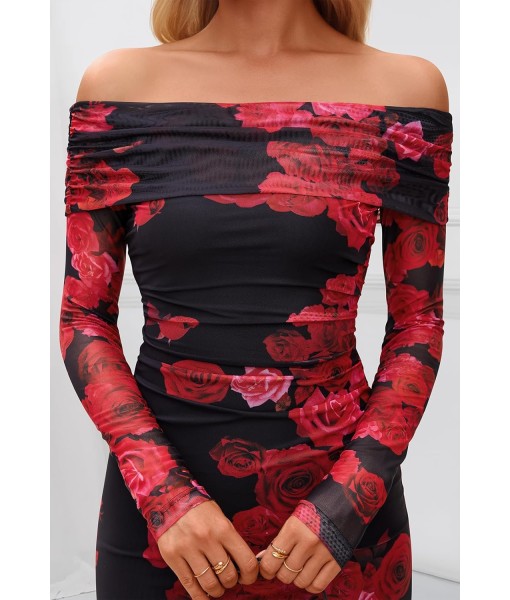 MEROKEETY Women's Fall Off Shoulder Floral Maxi Dresses Formal Long Sleeve Bodycon Cocktail Wedding Guest Dress