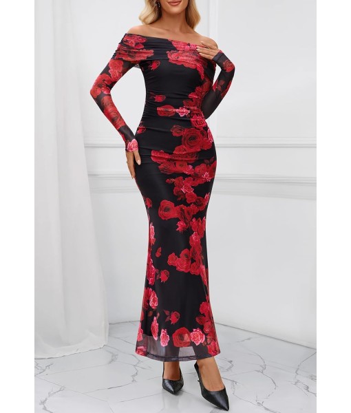 MEROKEETY Women's Fall Off Shoulder Floral Maxi Dresses Formal Long Sleeve Bodycon Cocktail Wedding Guest Dress