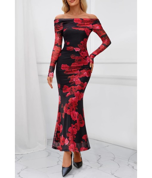 MEROKEETY Women's Fall Off Shoulder Floral Maxi Dresses Formal Long Sleeve Bodycon Cocktail Wedding Guest Dress