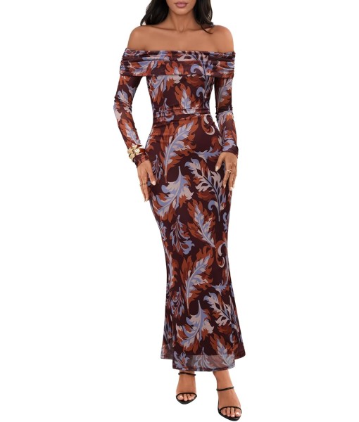 MEROKEETY Women's Fall Off Shoulder Floral Maxi Dresses Formal Long Sleeve Bodycon Cocktail Wedding Guest Dress