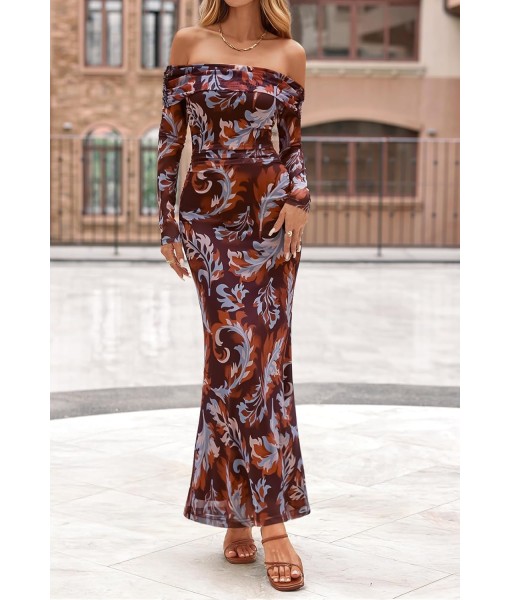 MEROKEETY Women's Fall Off Shoulder Floral Maxi Dresses Formal Long Sleeve Bodycon Cocktail Wedding Guest Dress