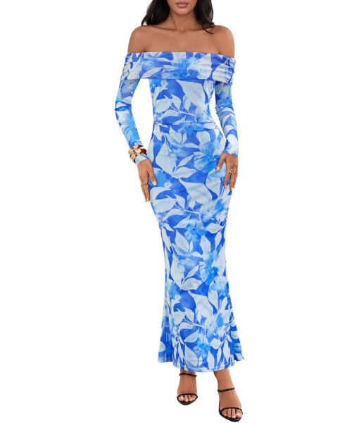 MEROKEETY Women's Fall Off Shoulder Floral Maxi Dresses Formal Long Sleeve Bodycon Cocktail Wedding Guest Dress