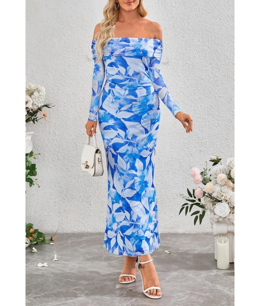 MEROKEETY Women's Fall Off Shoulder Floral Maxi Dresses Formal Long Sleeve Bodycon Cocktail Wedding Guest Dress