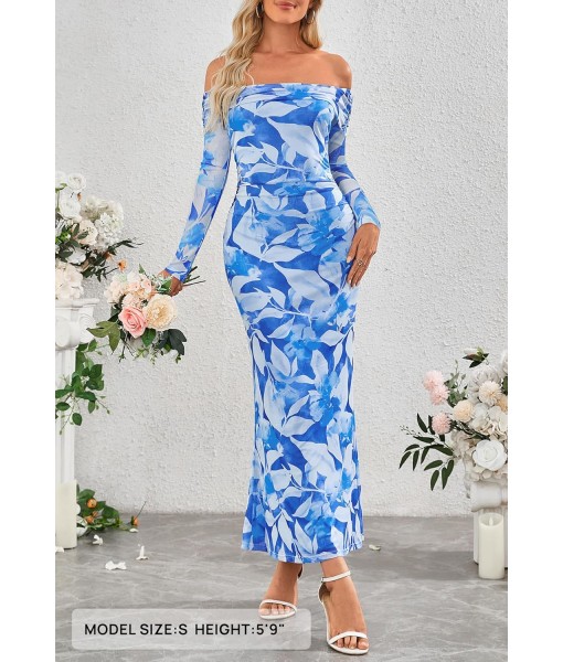 MEROKEETY Women's Fall Off Shoulder Floral Maxi Dresses Formal Long Sleeve Bodycon Cocktail Wedding Guest Dress