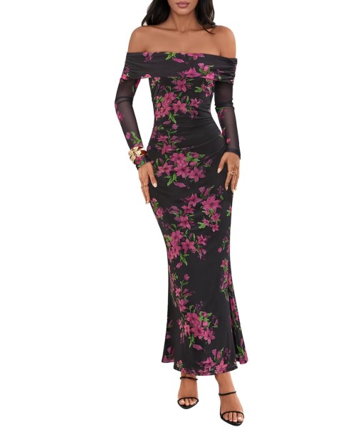 MEROKEETY Women's Fall Off Shoulder Floral Maxi Dresses Formal Long Sleeve Bodycon Cocktail Wedding Guest Dress