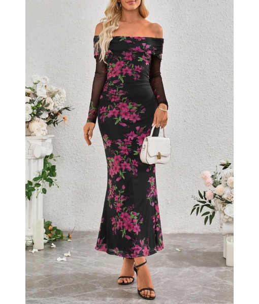 MEROKEETY Women's Fall Off Shoulder Floral Maxi Dresses Formal Long Sleeve Bodycon Cocktail Wedding Guest Dress