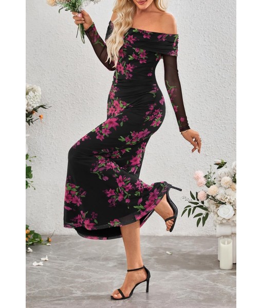 MEROKEETY Women's Fall Off Shoulder Floral Maxi Dresses Formal Long Sleeve Bodycon Cocktail Wedding Guest Dress