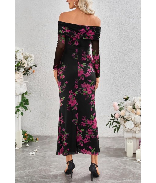 MEROKEETY Women's Fall Off Shoulder Floral Maxi Dresses Formal Long Sleeve Bodycon Cocktail Wedding Guest Dress