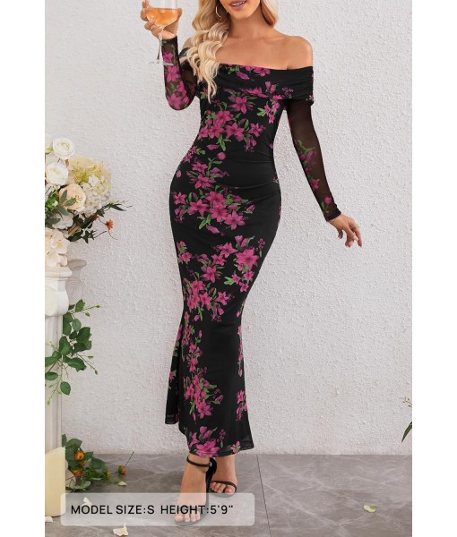 MEROKEETY Women's Fall Off Shoulder Floral Maxi Dresses Formal Long Sleeve Bodycon Cocktail Wedding Guest Dress