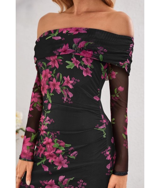 MEROKEETY Women's Fall Off Shoulder Floral Maxi Dresses Formal Long Sleeve Bodycon Cocktail Wedding Guest Dress