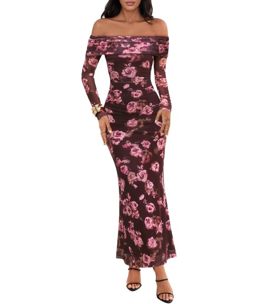 MEROKEETY Women's Fall Off Shoulder Floral Maxi Dresses Formal Long Sleeve Bodycon Cocktail Wedding Guest Dress