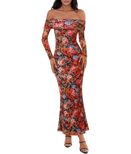 MEROKEETY Women's Fall Off Shoulder Floral Maxi Dresses Formal Long Sleeve Bodycon Cocktail Wedding Guest Dress
