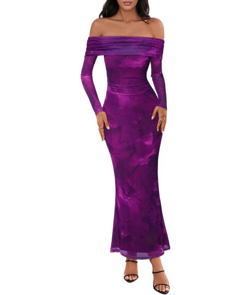 MEROKEETY Women's Fall Off Shoulder Floral Maxi Dresses Formal Long Sleeve Bodycon Cocktail Wedding Guest Dress