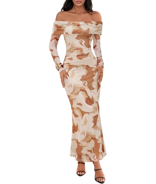 MEROKEETY Women's Fall Off Shoulder Floral Maxi Dresses Formal Long Sleeve Bodycon Cocktail Wedding Guest Dress