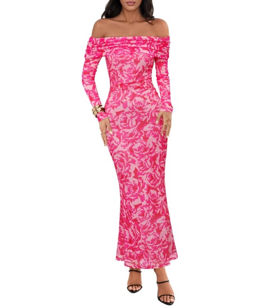 MEROKEETY Women's Fall Off Shoulder Floral Maxi Dresses Formal Long Sleeve Bodycon Cocktail Wedding Guest Dress