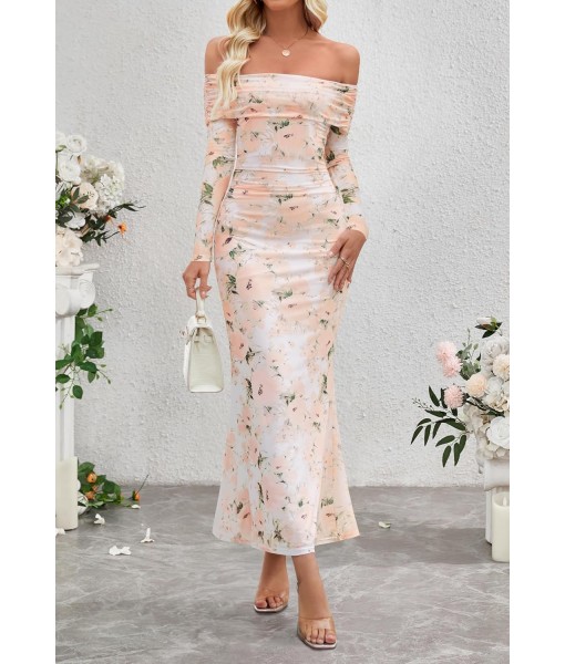 MEROKEETY Women's Fall Off Shoulder Floral Maxi Dresses Formal Long Sleeve Bodycon Cocktail Wedding Guest Dress
