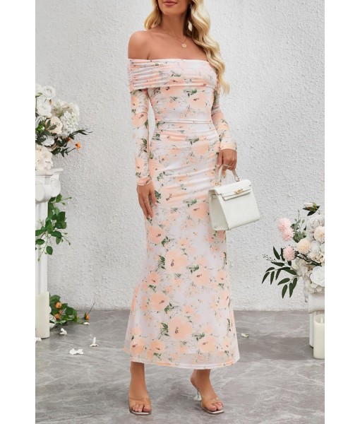 MEROKEETY Women's Fall Off Shoulder Floral Maxi Dresses Formal Long Sleeve Bodycon Cocktail Wedding Guest Dress