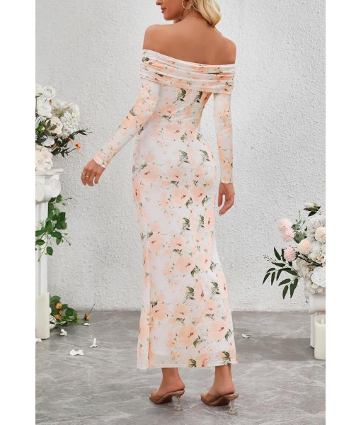 MEROKEETY Women's Fall Off Shoulder Floral Maxi Dresses Formal Long Sleeve Bodycon Cocktail Wedding Guest Dress
