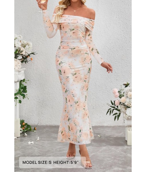 MEROKEETY Women's Fall Off Shoulder Floral Maxi Dresses Formal Long Sleeve Bodycon Cocktail Wedding Guest Dress