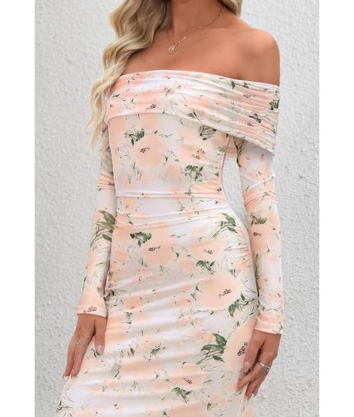 MEROKEETY Women's Fall Off Shoulder Floral Maxi Dresses Formal Long Sleeve Bodycon Cocktail Wedding Guest Dress
