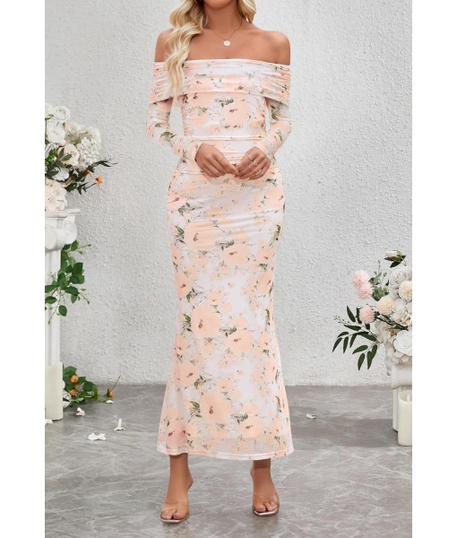 MEROKEETY Women's Fall Off Shoulder Floral Maxi Dresses Formal Long Sleeve Bodycon Cocktail Wedding Guest Dress