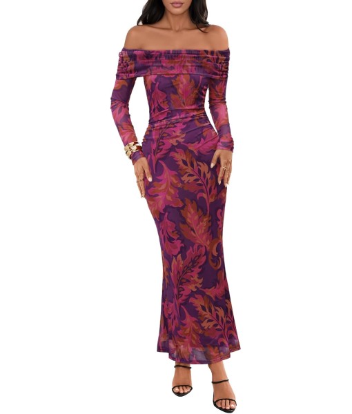MEROKEETY Women's Fall Off Shoulder Floral Maxi Dresses Formal Long Sleeve Bodycon Cocktail Wedding Guest Dress