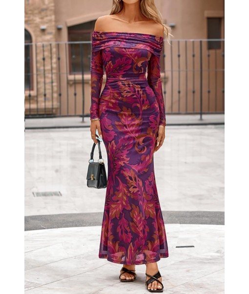 MEROKEETY Women's Fall Off Shoulder Floral Maxi Dresses Formal Long Sleeve Bodycon Cocktail Wedding Guest Dress