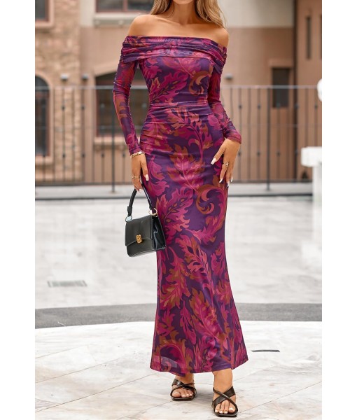 MEROKEETY Women's Fall Off Shoulder Floral Maxi Dresses Formal Long Sleeve Bodycon Cocktail Wedding Guest Dress